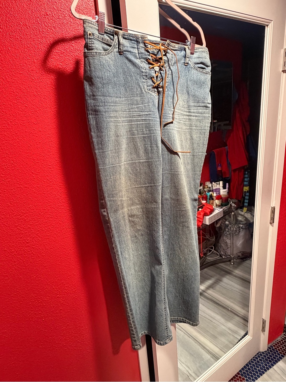 Newport News Light Blue Lace-Up Flare Jeans